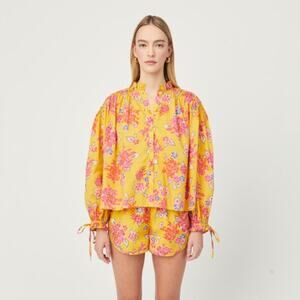 Rhode Resort Louisa Puff Long Sleeve Top Gold Lanai Floral Print XS